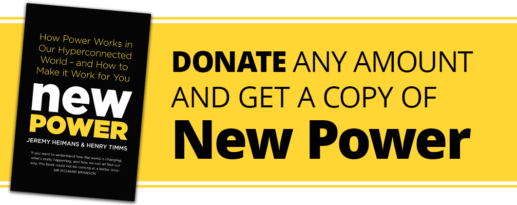 Banner reads - Donate any amount and get a copy of New Power