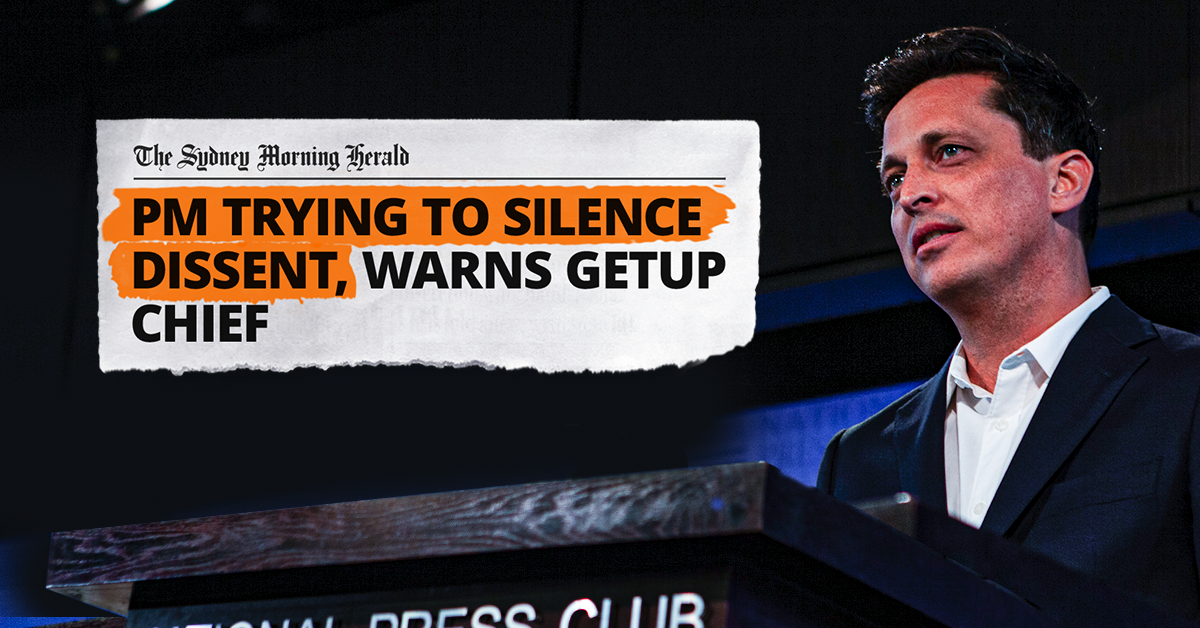 an image of the national director next to a headline tear-out that reads "PM TRYING TO SILENCE DISSENT, WARNS GETUP CHIEF"