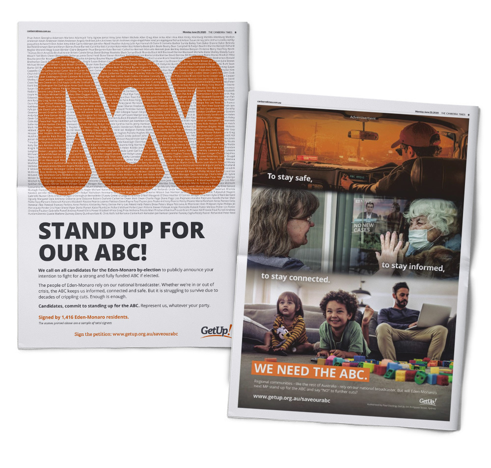 Image of two newspaper ads, one with a petition on the ABC and the other an image heavy ad showing the value of the ABC in times of crisis.