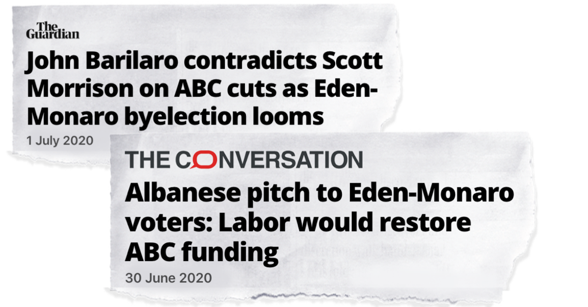 Image of two headlines:1. The Guardian - John Barilaro contradicts Scott Morrison on ABC cuts as Eden-Monaro byelection looms. 2. The Conversation - Albanese pitch to Eden-Monaro voters: Labor would restore ABC funding.