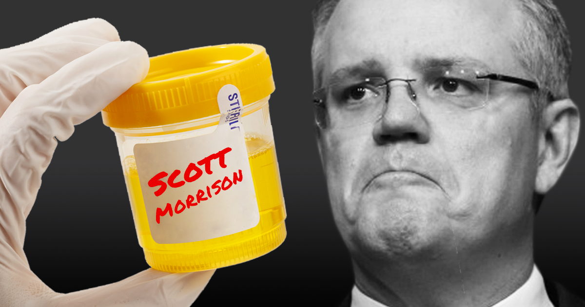 A gloved hand holds a jar of wee with Scott Morrison's name on it