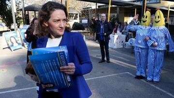 GetUp members dressed up as B1 and B2 stand behind Liberal Candidate and ex IPA staffer Georgina Downer