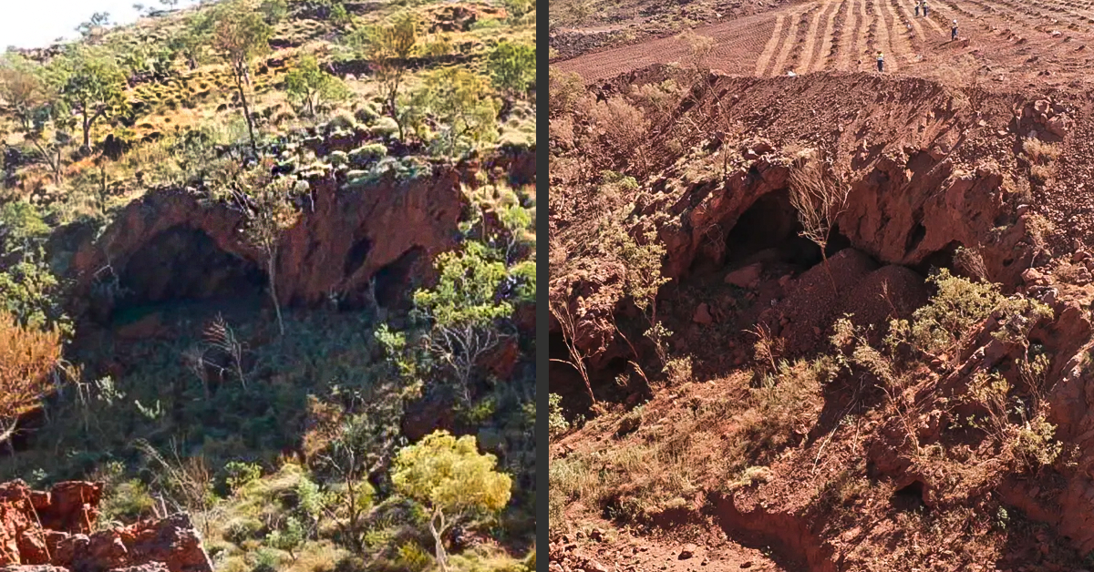 Image of the 46,000-year-old sacred Aboriginal site before and after it was blown up by Rio Tinto