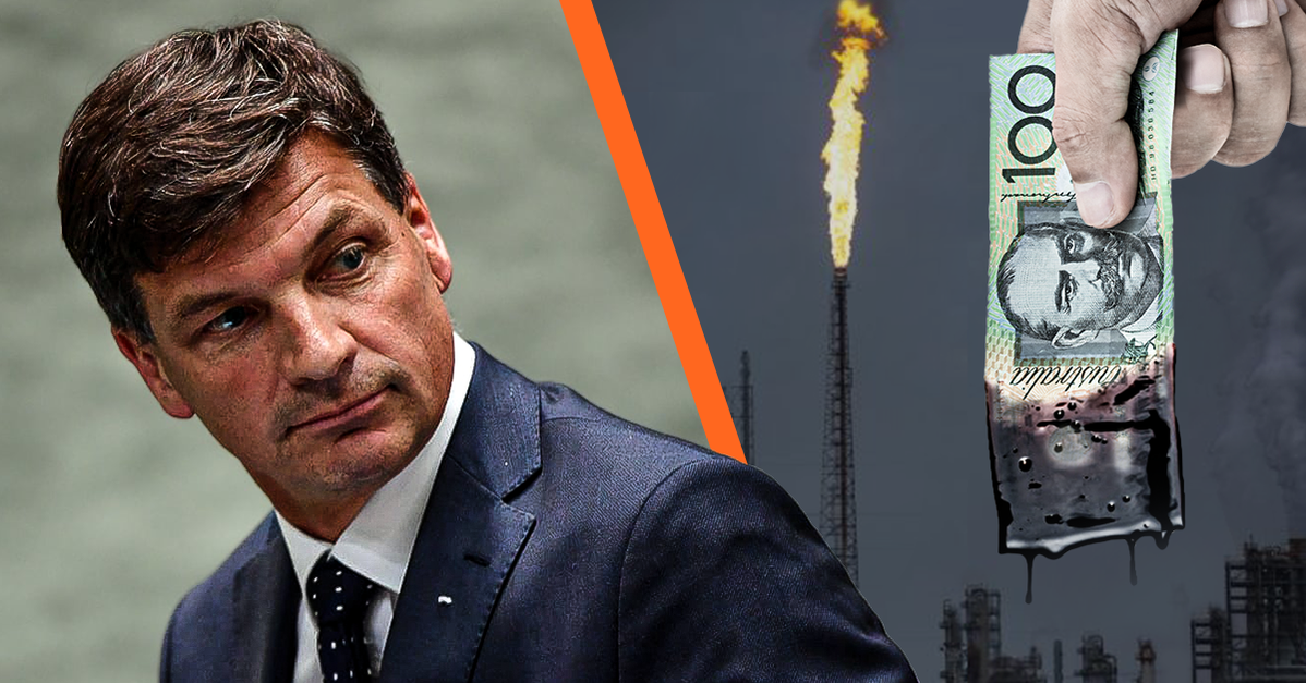 A split image with Angus Taylor looking over his shoulder on the left, on the right is a grey factory spewing smoke overlaid with a hand holding a $100 bill dripping with black oil