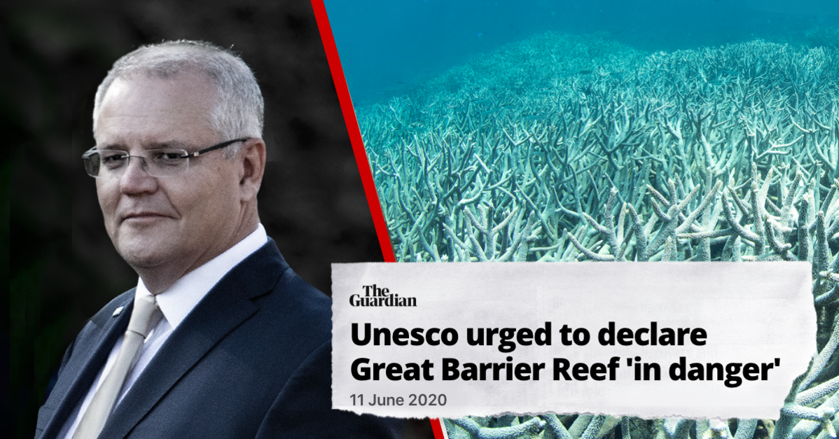 Scott Morrison on the left with bleached coral on the right. Guardian tearout reads: Unesco urged to declare Great Barrier Reef 'in danger'