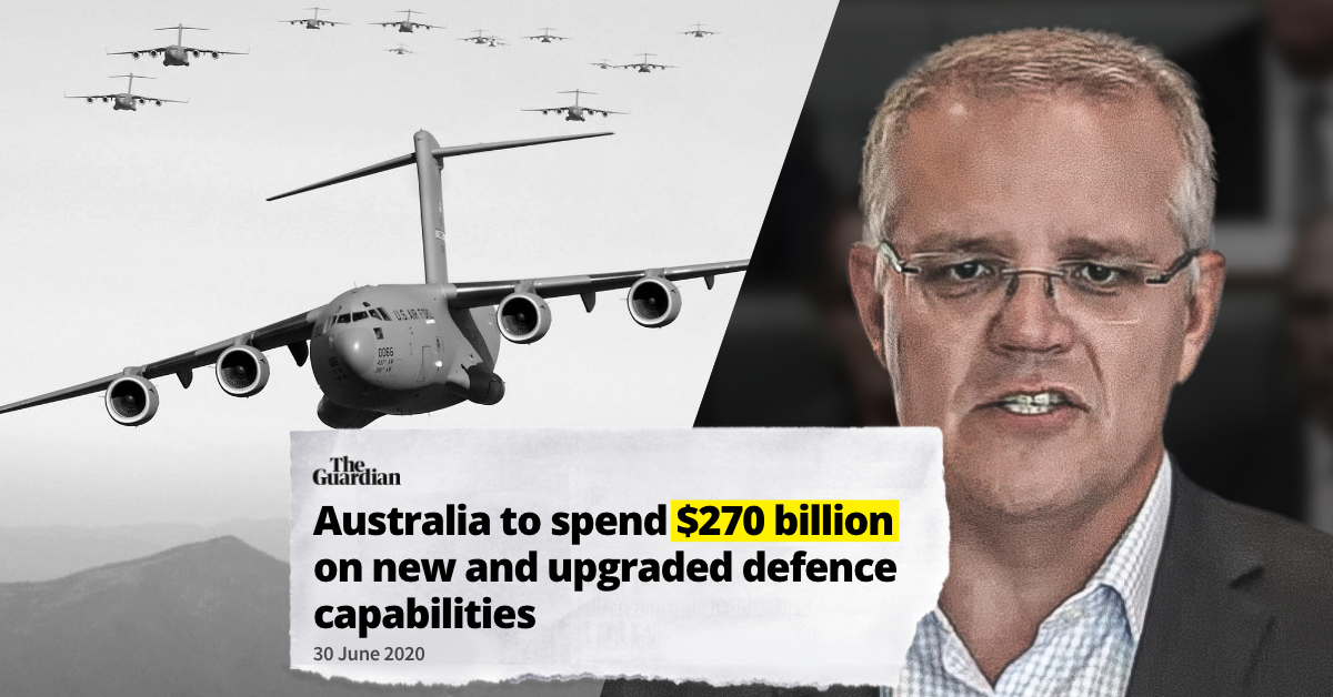 Image of military equipment and Scott Morrision, and headline "Australia to spend $270bn on new and upgraded defence capabilities"