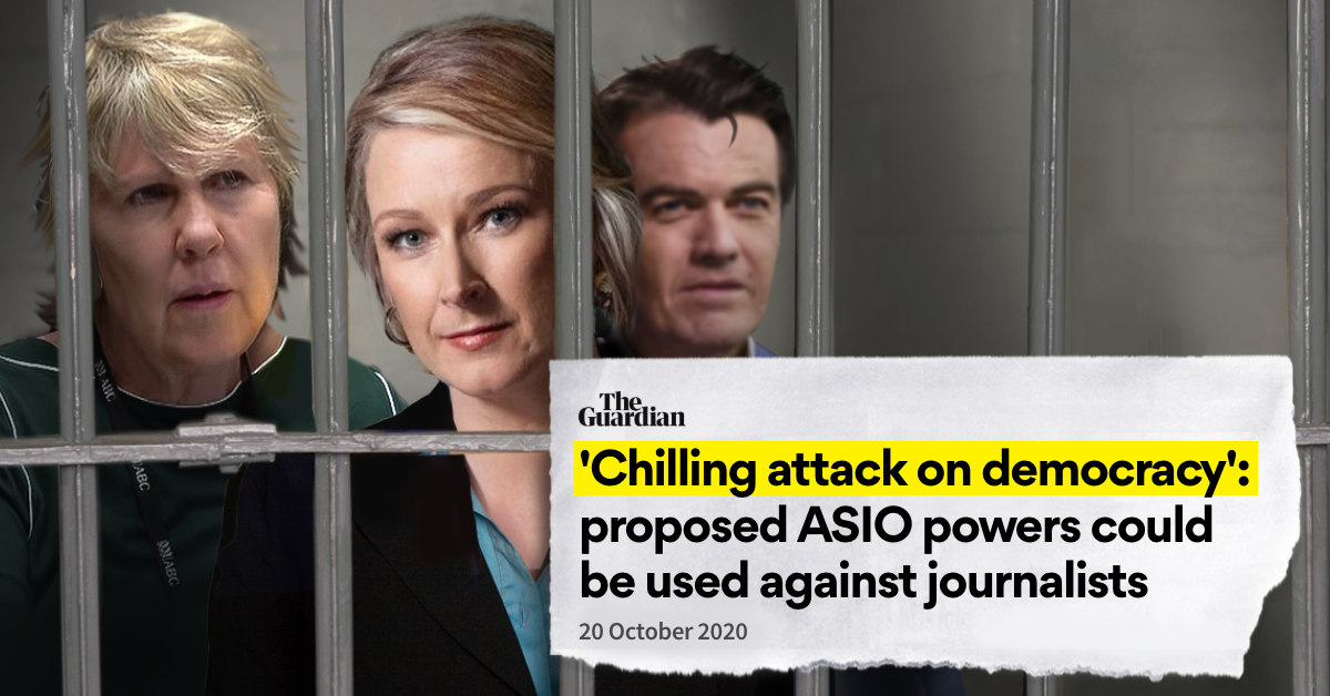 ABC journalists behind bars with headline from the Guardian "'Chilling attack on democracy': proposed Asio powers could be used against journalists"