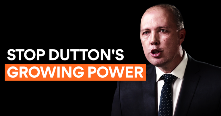 Image of Dutton on a black background saying "STOP DUTTON'S GROWING POWER" 