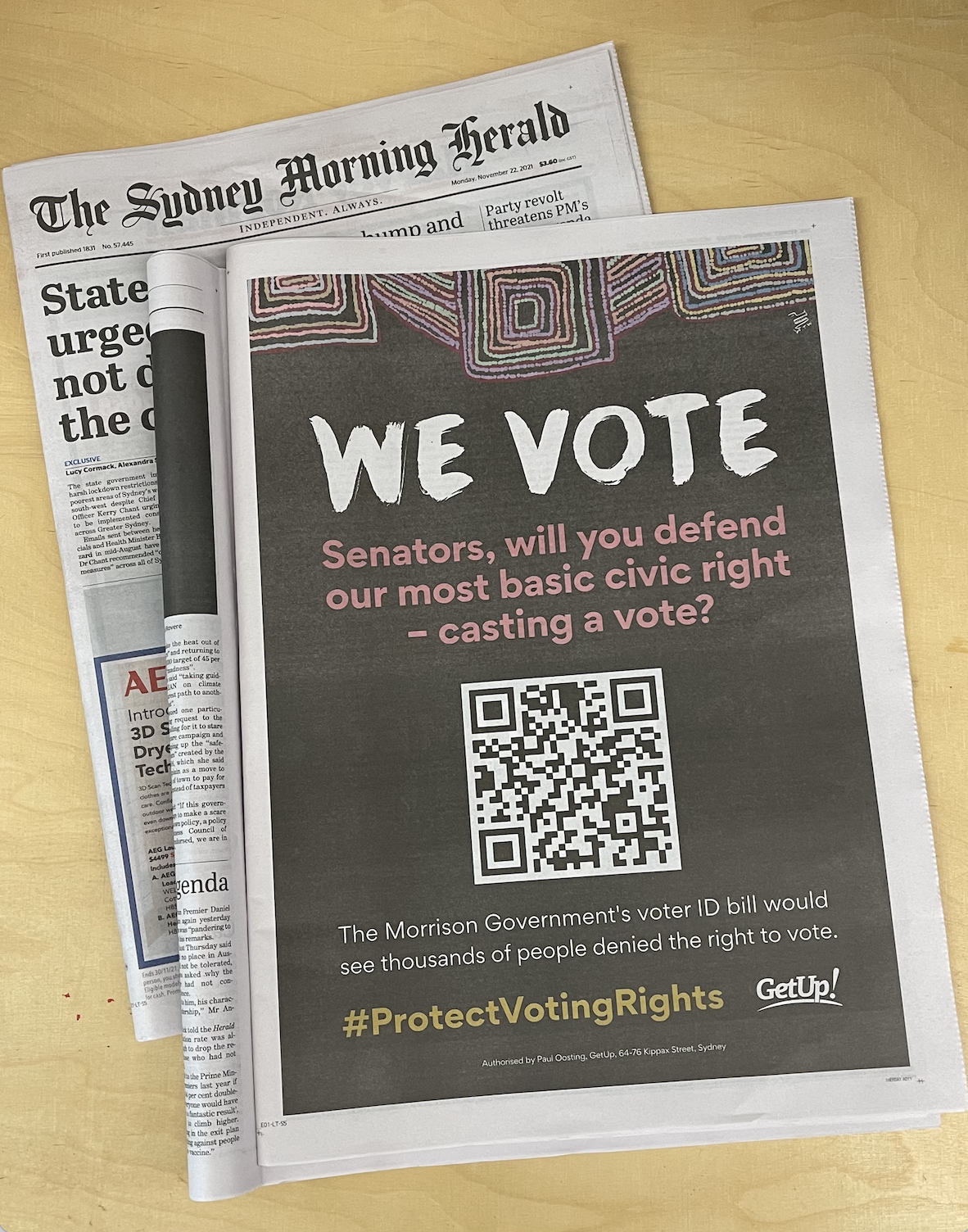 Image of GetUp's full page advertisement in The Sydney Morning Herald on voter ID