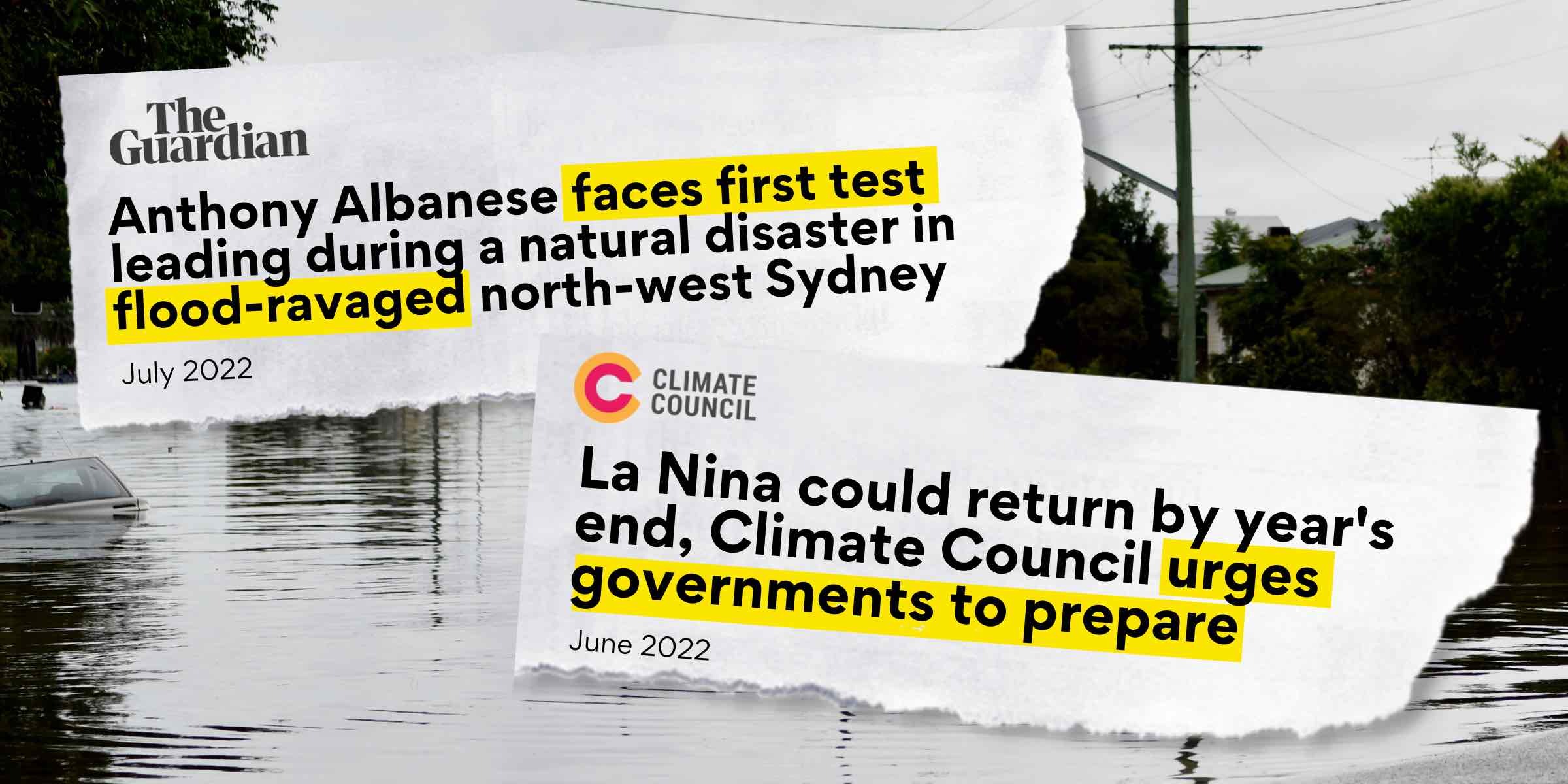Headlines reading: Anthony Albanese faces first test leading during natural disaster in flood-ravaged north-west Sydney, and Albanese, Perrotet unite to get flood money out the door