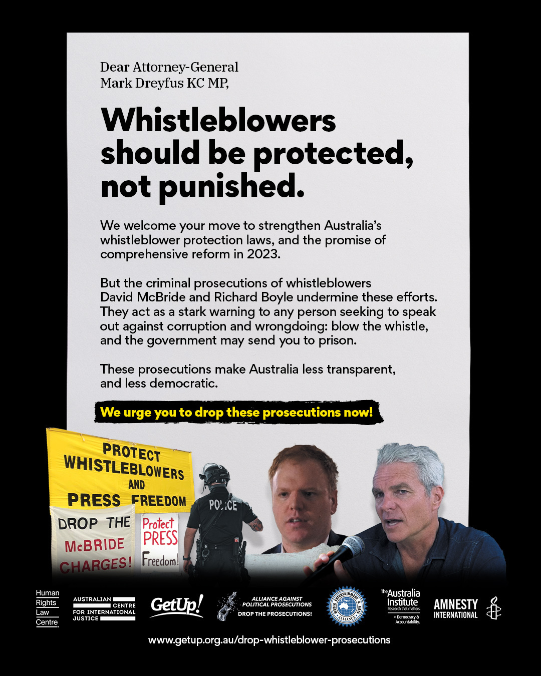 An open letter designed for a full-page newspaper ad on whistleblower protections