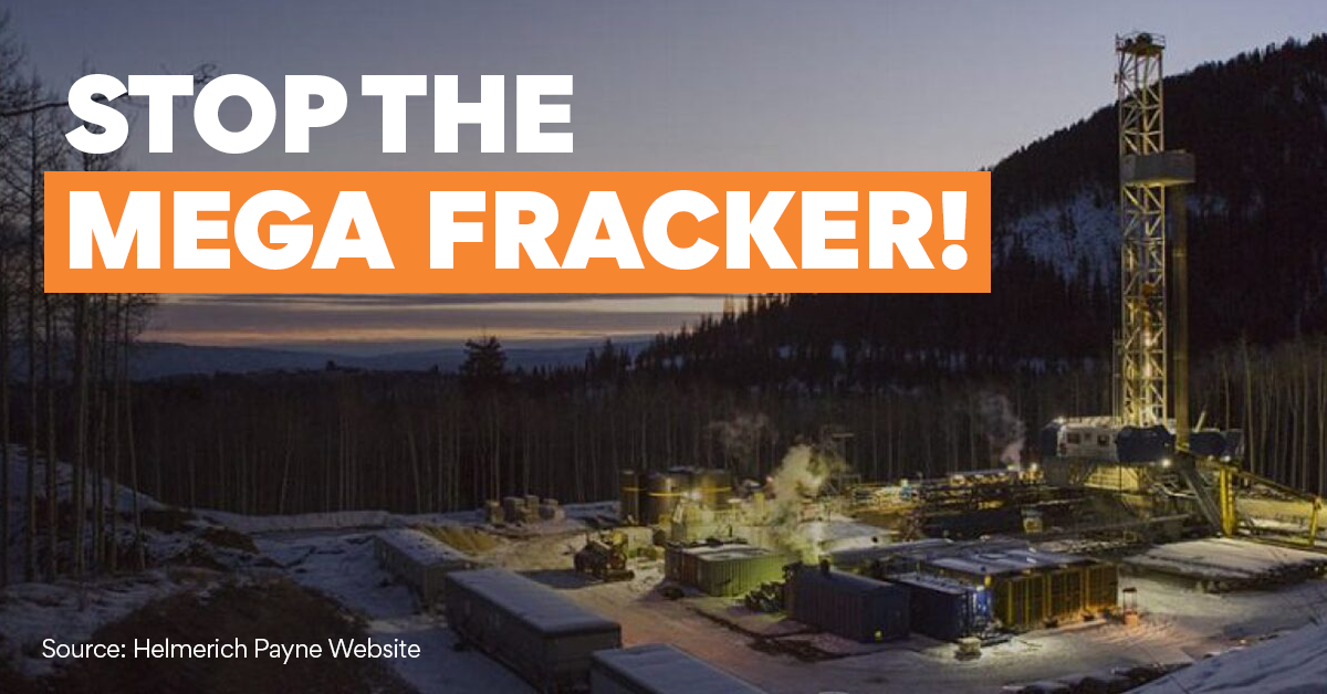 Photo of Tamboran Resources' fracking rig at night, with text saying "Stop the mega fracker!"